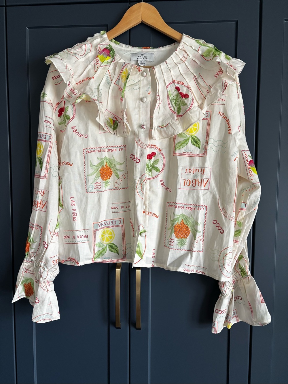 Ruffled Collared Fruit Print Blouse - White